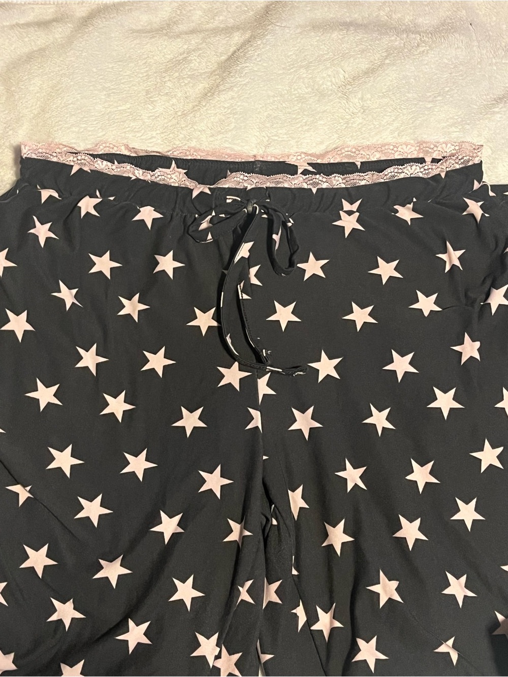 Link Black Pajama Pants with Pink Star Print and Lace Trim